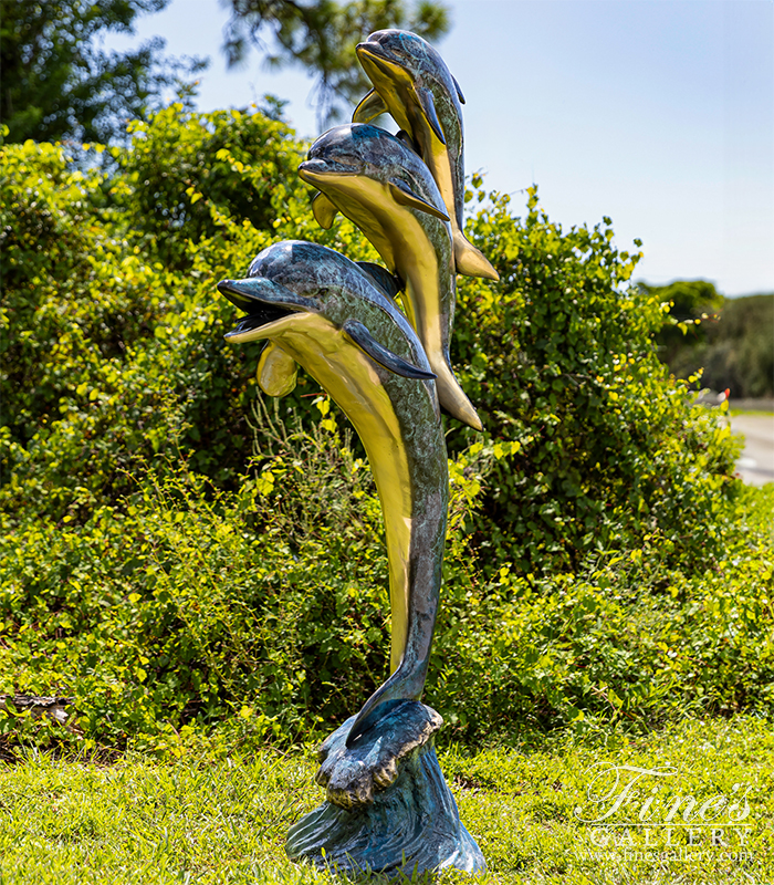 Bronze Fountains  - Three Dolphins Fountain In Brilliant Baked Enamel Bronze - BF-1430