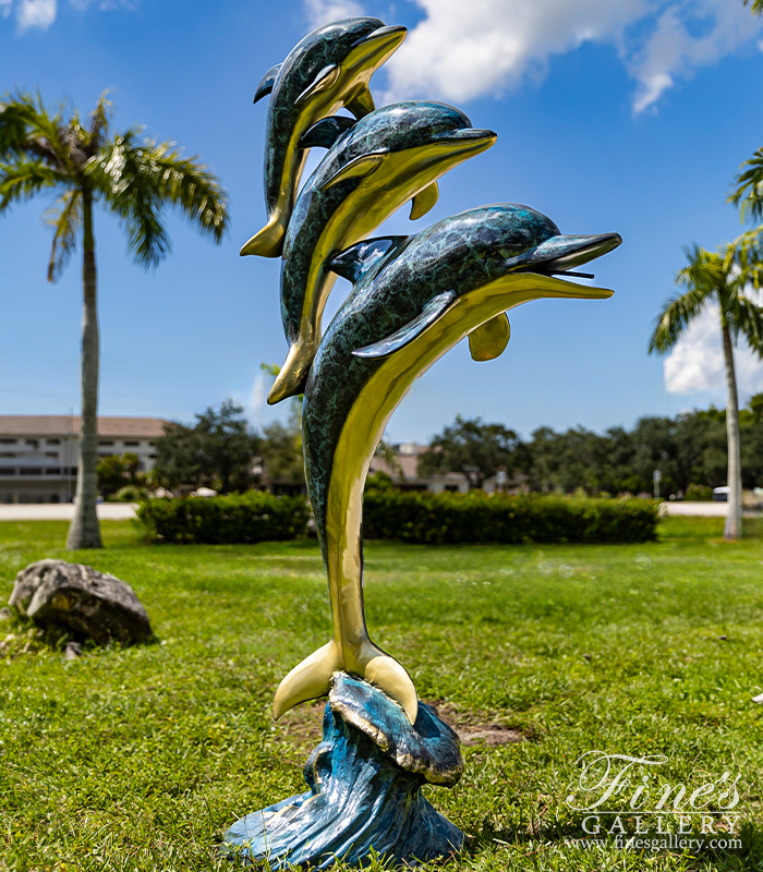 Bronze Fountains  - Three Dolphins Fountain In Brilliant Baked Enamel Bronze - BF-1430