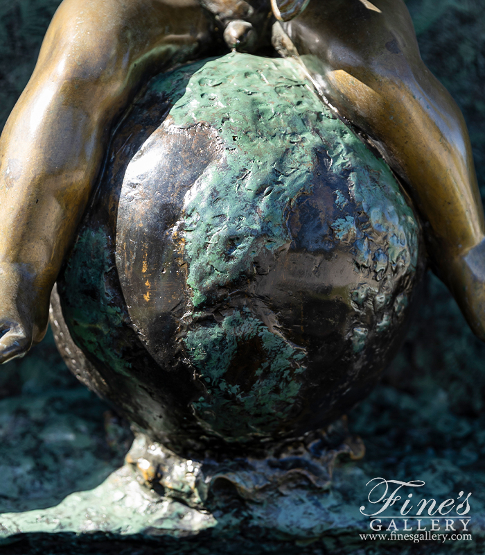 Bronze Fountains  - Boy On Globe With Dolphin Wall Fountain In Bronze - BF-805