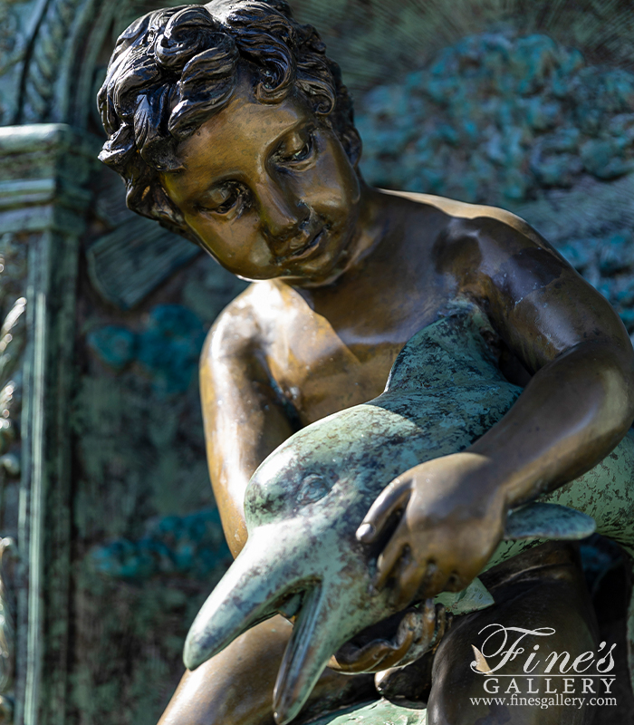 Bronze Fountains  - Boy On Globe With Dolphin Wall Fountain In Bronze - BF-805