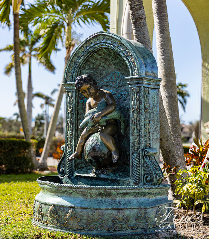 Bronze Fountains  - Boy On Globe With Dolphin Wall Fountain In Bronze - BF-805