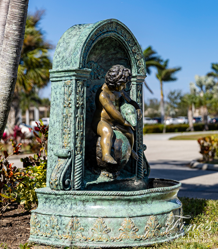 Bronze Fountains  - Boy On Globe With Dolphin Wall Fountain In Bronze - BF-805