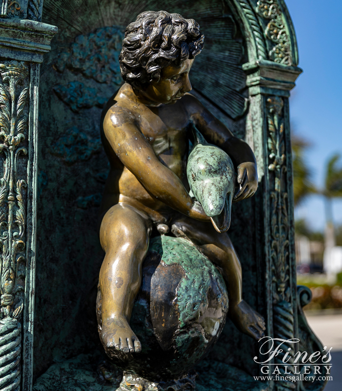 Bronze Fountains  - Boy On Globe With Dolphin Wall Fountain In Bronze - BF-805