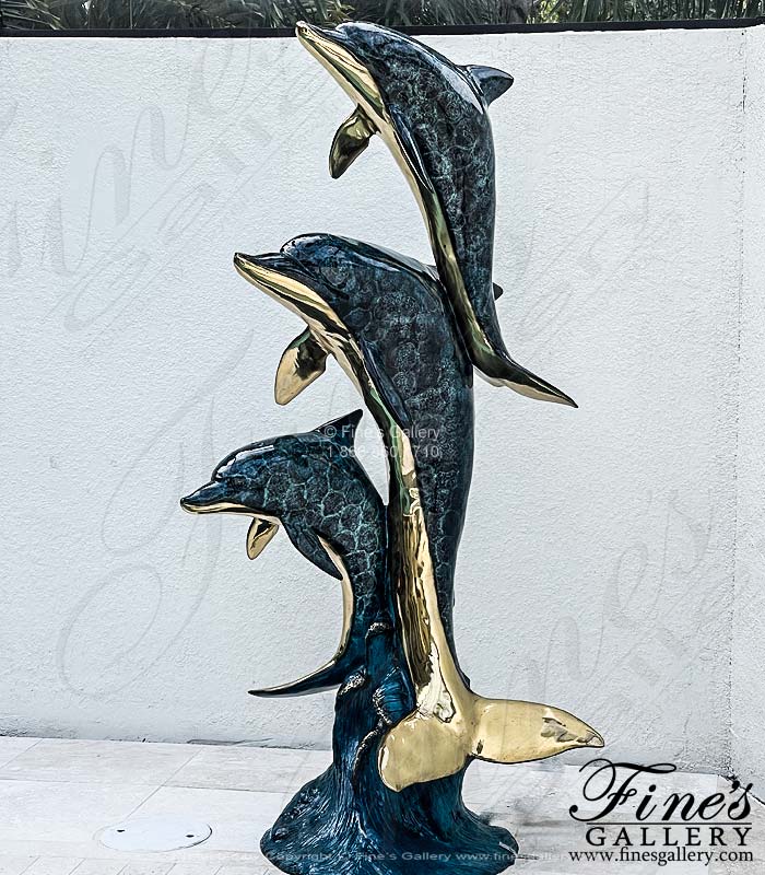 Bronze Fountains  - Three Dolphins Bronze Fountain In Dazzling Blue Enamel - BF-892