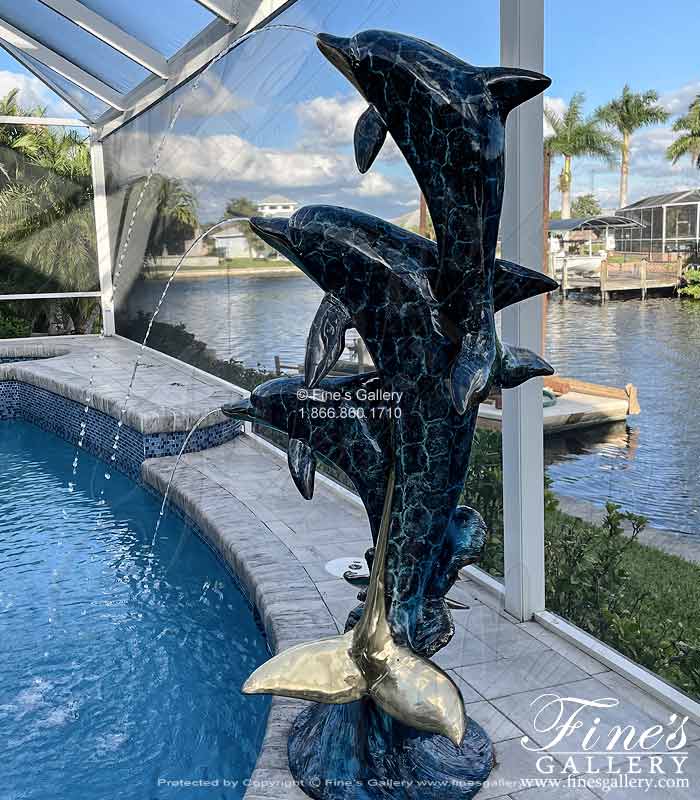 Bronze Fountains  - Three Dolphins Bronze Fountain In Dazzling Blue Enamel - BF-892