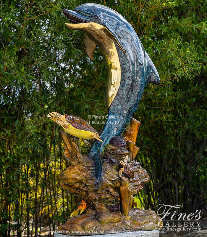 Bronze Fountains  - 78 Inch Tall Baked Enamel Bronze Dolphin With Sea Turtles - BF-904