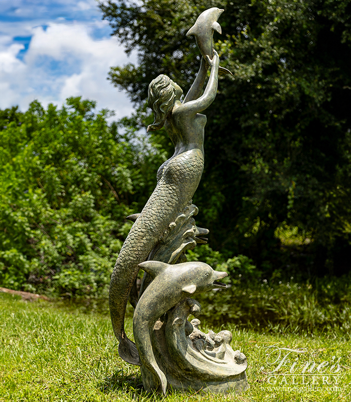 Bronze Fountains  - Mermaid And Dolphins Fountain In Patina Bronze - BF-932