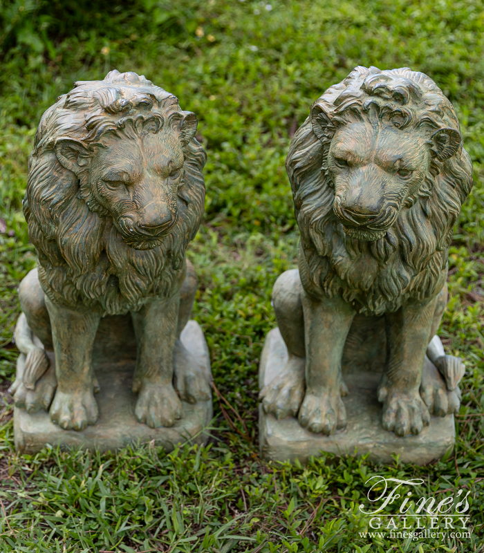 Bronze Statues  - Antique Patina Seated Bronze Lion Pair - BS-1586