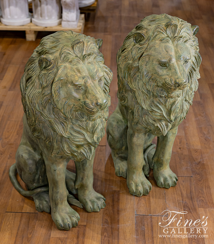 Bronze Statues  - 44 Inch Tall Lion Pair In Antique Patina Bronze - BS-1734