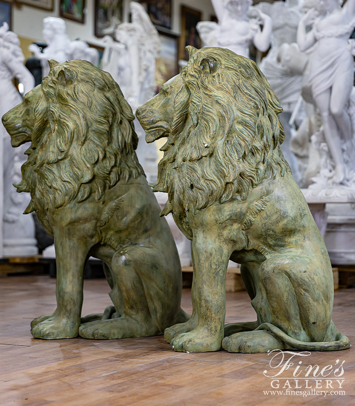 Bronze Statues  - 44 Inch Tall Lion Pair In Antique Patina Bronze - BS-1734