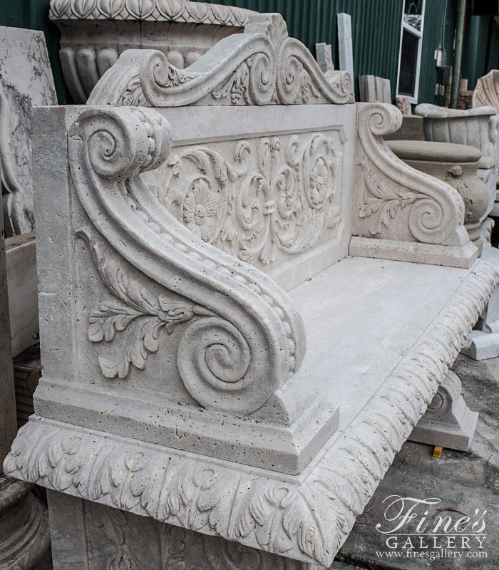 Marble Benches  - Elaborate Hand Carved Natural Stone Bench In Light Travertine - MBE-731