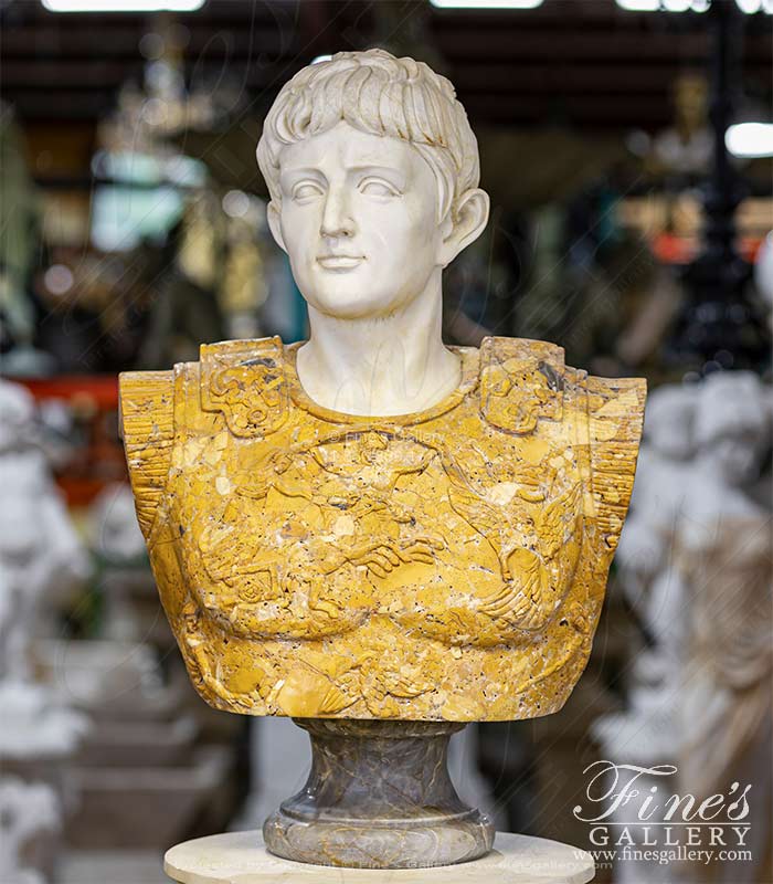 Marble Statues  - Bust Of Caesar Augustus In Antique White & Italian Nuvolato Marble - MBT-435