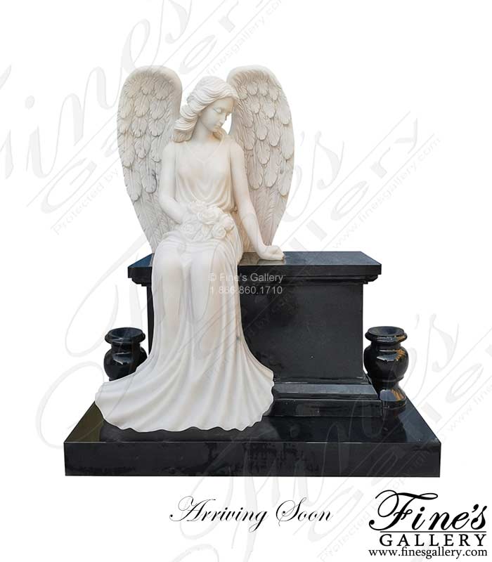 Marble Memorials  - White Marble Angel With Black Granite Bench And Urns - MEM-519