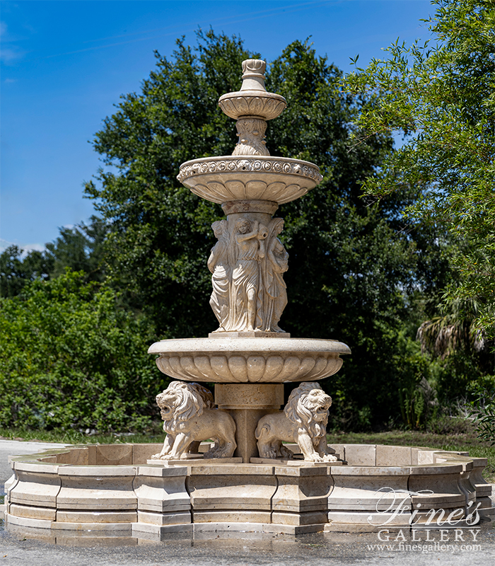 Marble Fountains  - Roman Ladies And Lions Fountain In Classic Light Travertine - MF-2151