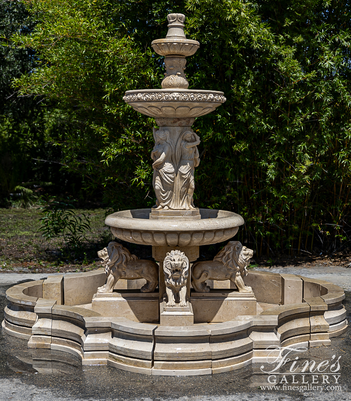 Marble Fountains  - Roman Ladies And Lions Fountain In Classic Light Travertine - MF-2151