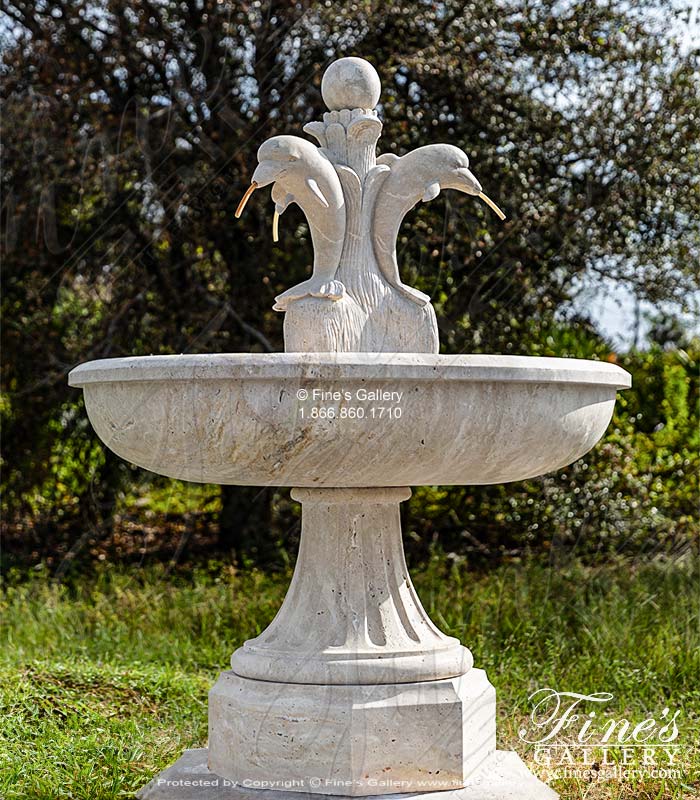 Marble Fountains  - Dolphin Themed Fountain In Hand Carved Light Travertine - MF-2192