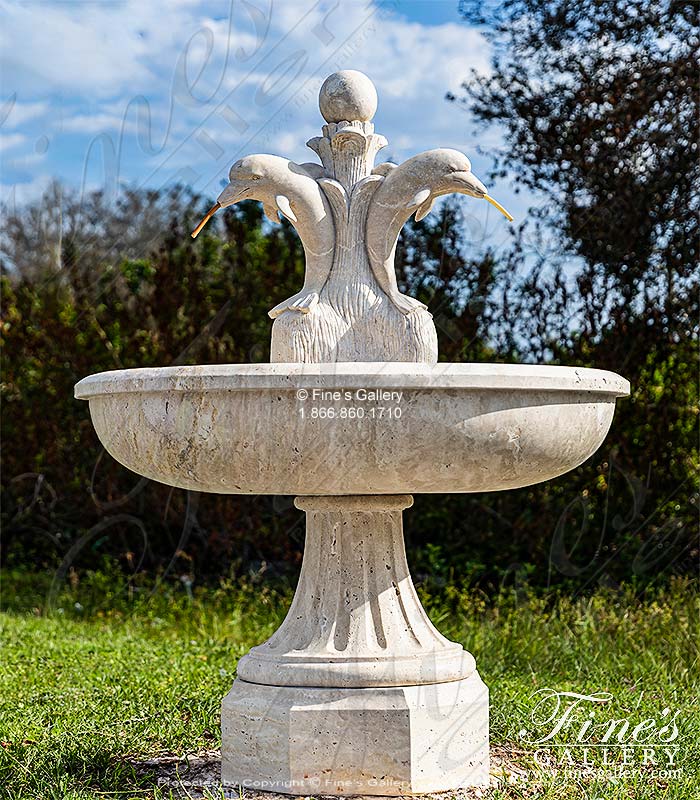 Marble Fountains  - Dolphin Themed Fountain In Hand Carved Light Travertine - MF-2192