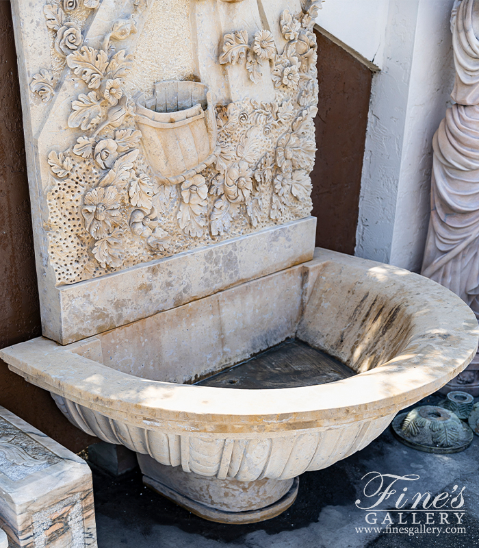 Marble Fountains  - Cherub, Floral And Vine Relief Style Wall Fountain In Miele Verona Limestone - MF-791