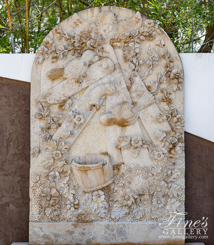 Marble Fountains  - Cherub, Floral And Vine Relief Style Wall Fountain In Miele Verona Limestone - MF-791