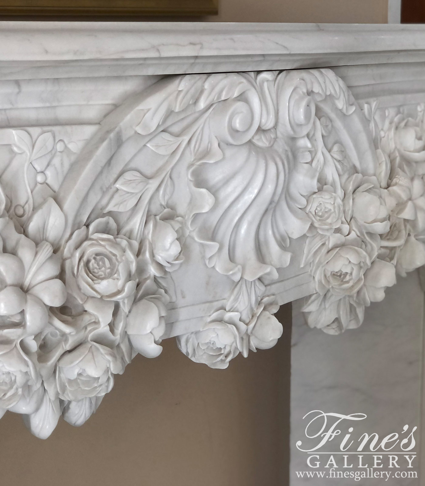 Marble Fireplaces  - Ornate French Marble Fireplace With Rose Garlands In Deep Relief - MFP-2334