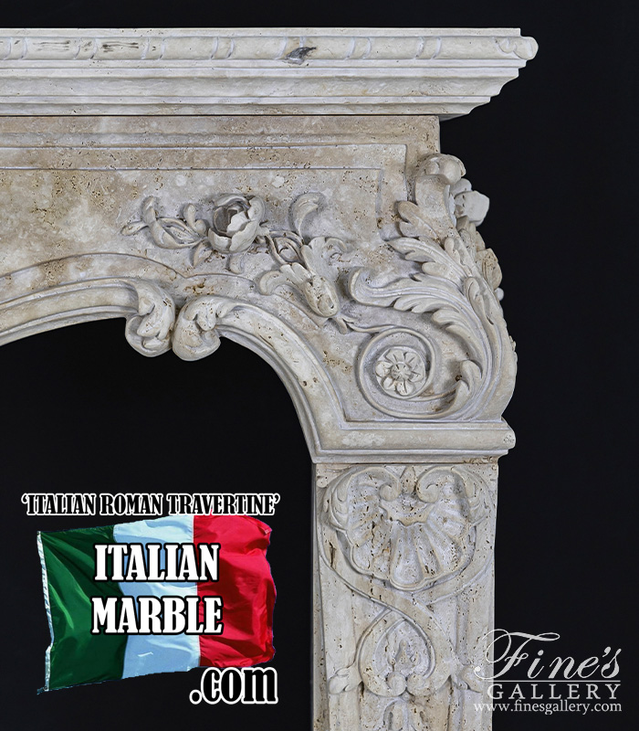 Marble Fireplaces  - Rare Ornately Carved Mantel In Italian Roman Travertine - MFP-2583