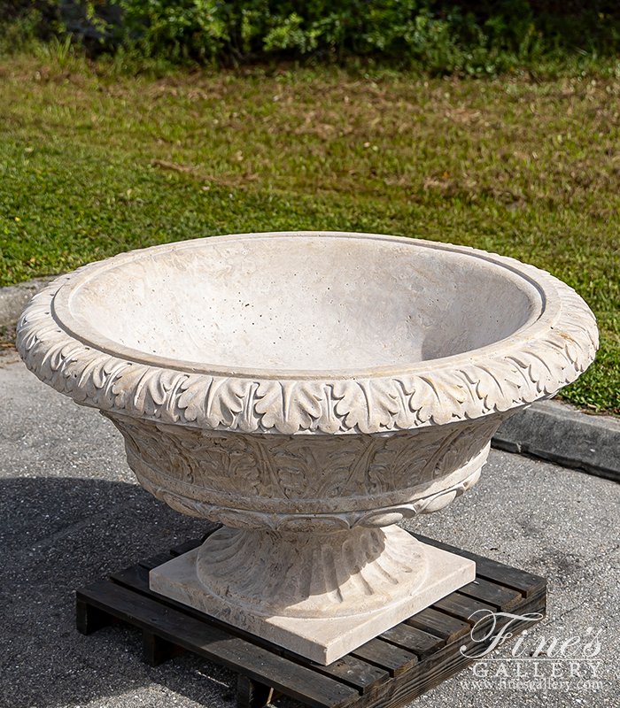 Search Result For Marble Planters  - Oversized Traditional Acanthas Leaf Scrollwork Urn In Classic Light Travertine - MP-393