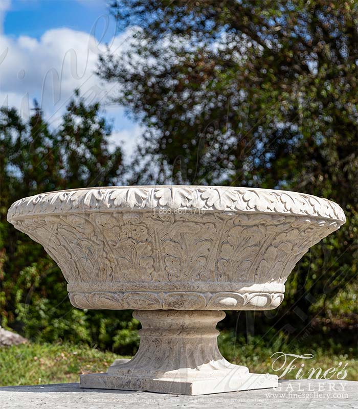 Search Result For Marble Planters  - Oversized Traditional Acanthas Leaf Scrollwork Urn In Classic Light Travertine - MP-393