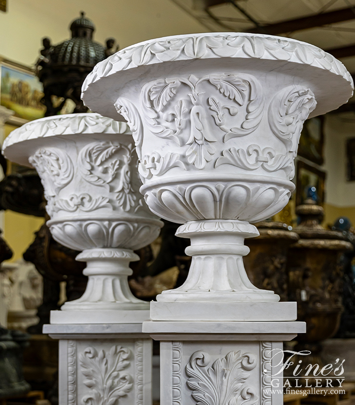 Marble Planters  - Ornate Marble Accanthus Scrollwork Planter ( Pair ) - MP-493