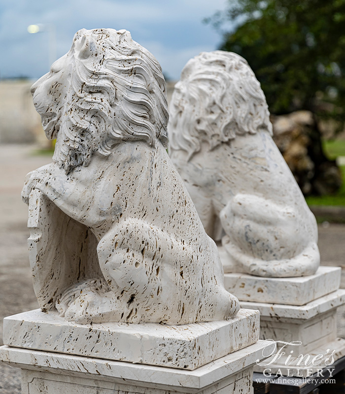 Marble Statues  - Lion Pair In Hand Carved Italian Ivory Travertine - MS-1333