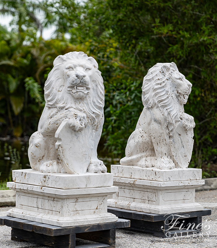 Marble Statues  - Lion Pair In Hand Carved Italian Ivory Travertine - MS-1333