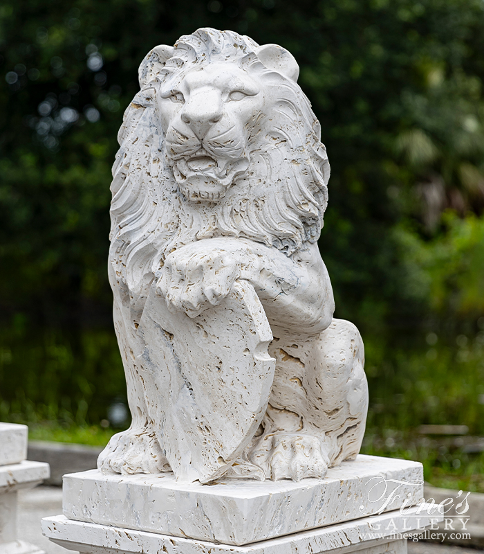 Marble Statues  - Lion Pair In Hand Carved Italian Ivory Travertine - MS-1333