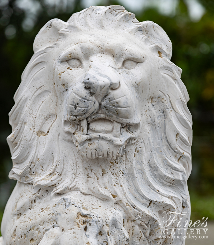 Marble Statues  - Lion Pair In Hand Carved Italian Ivory Travertine - MS-1333