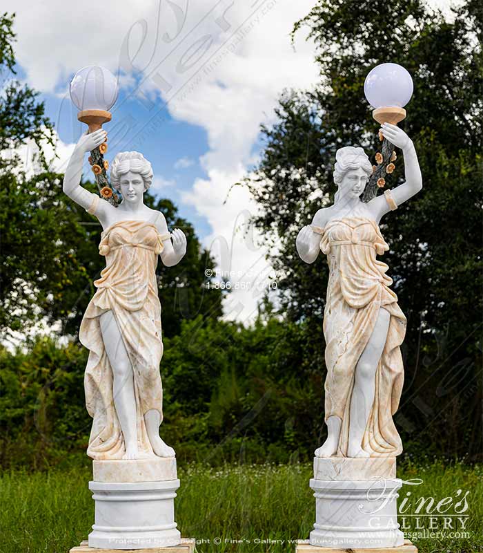 Marble Statues  - Figural Female Marble Lamp Post Pair - MS-1383