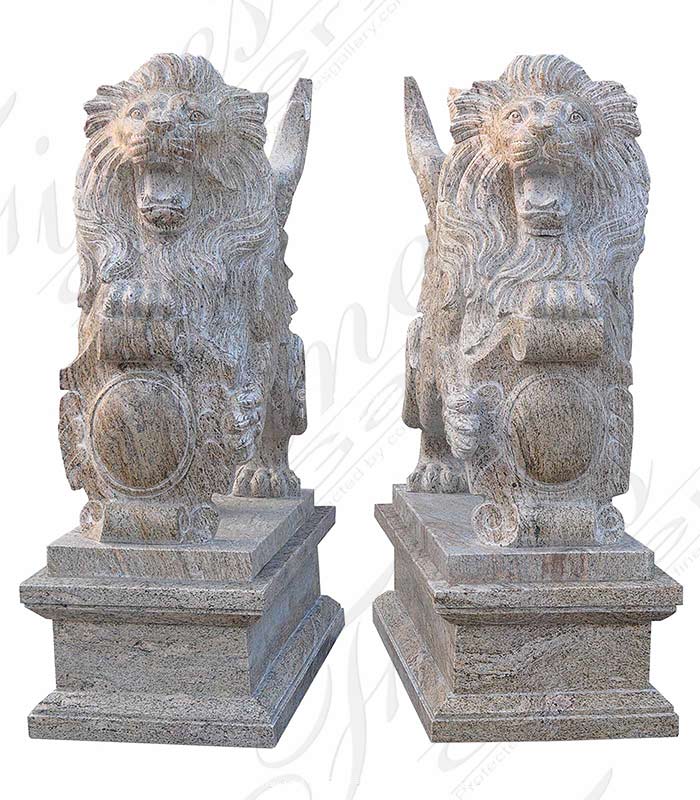 Marble Statues  - Winged Lion Pair In Hand Carved Granite - MS-1442