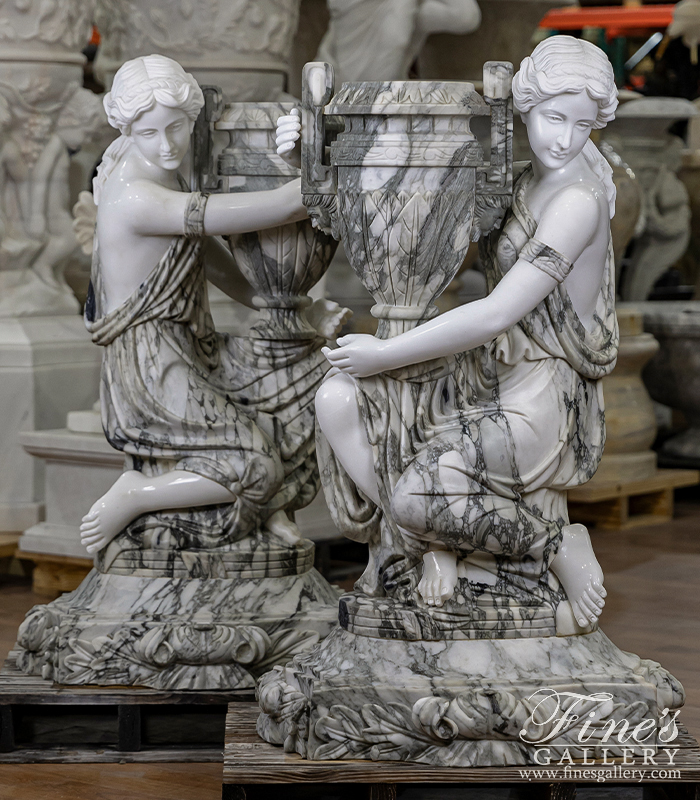 Marble Statues  - A Pair Of Kneeling Urn Holding Maidens In Marble - MS-1564