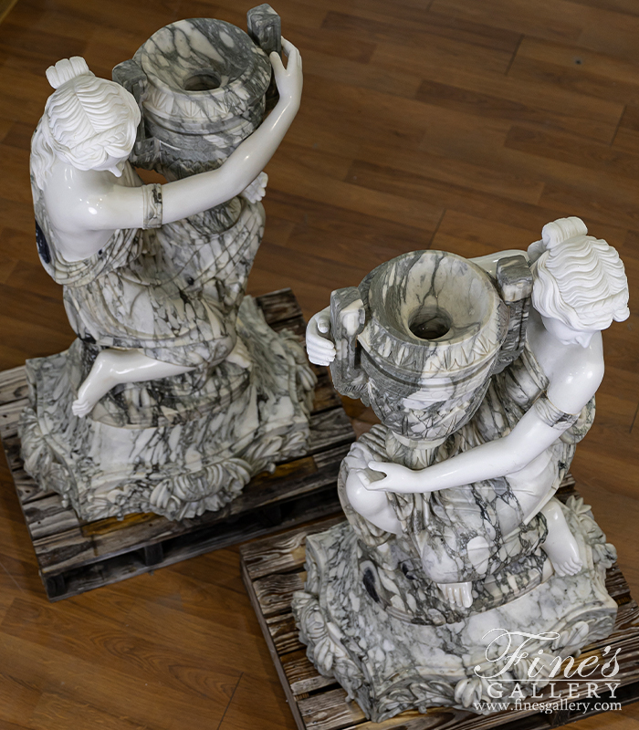 Marble Statues  - A Pair Of Kneeling Urn Holding Maidens In Marble - MS-1564