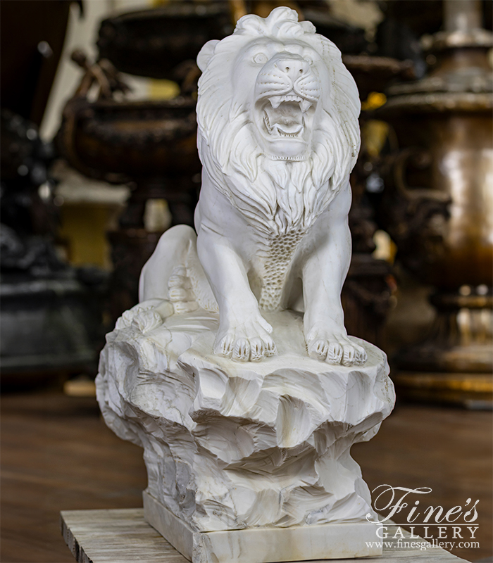 Marble Statues  - Single Vintage Hand Carved Lion Statue In Statuary Marble - MS-1582