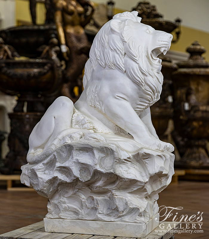 Marble Statues  - Single Vintage Hand Carved Lion Statue In Statuary Marble - MS-1582