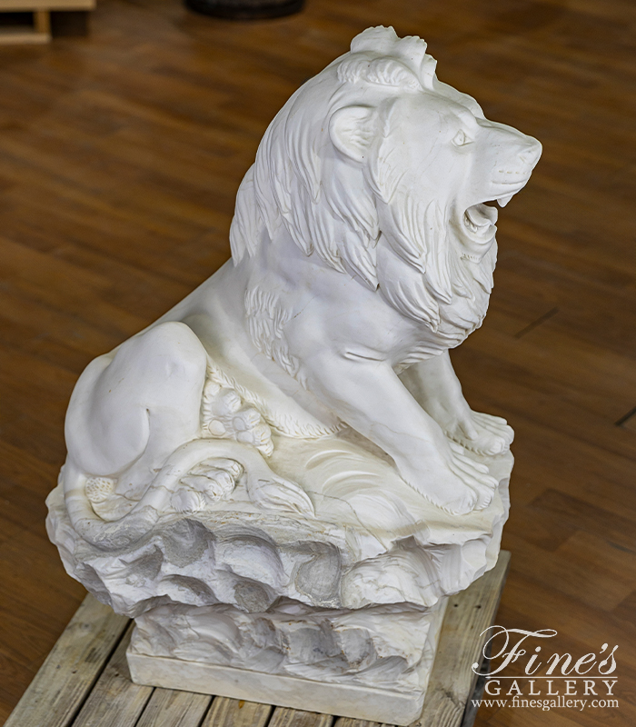 Marble Statues  - Single Vintage Hand Carved Lion Statue In Statuary Marble - MS-1582