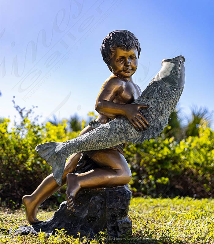 Child & Mythical Fish Bronze Fountain