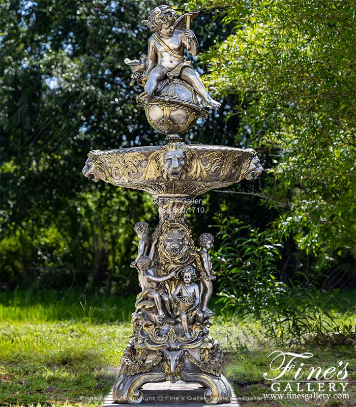 Lion and Cherub Themed Tiered Silver Bronze Fountain