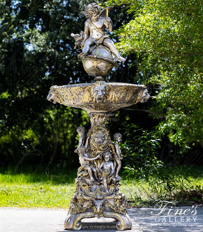 Lion and Cherub Themed Tiered Silver Bronze Fountain