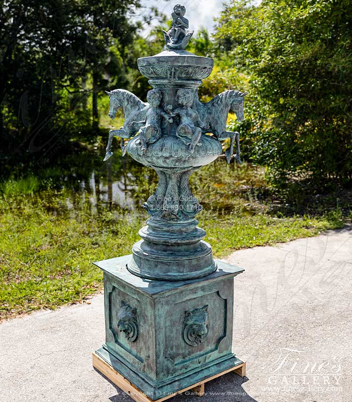 Rare Patina Horse, Lion, Cherub Themed Bronze Fountain