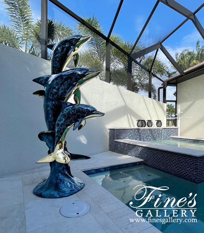 Three Dolphins Bronze Fountain in Dazzling Blue Enamel