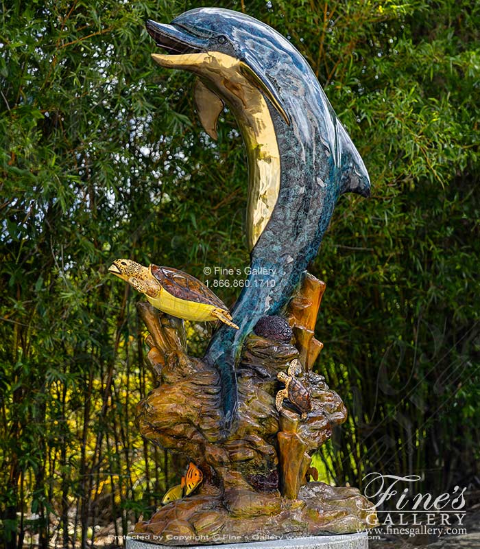 78 Inch Tall Baked Enamel Bronze Dolphin With Sea Turtles