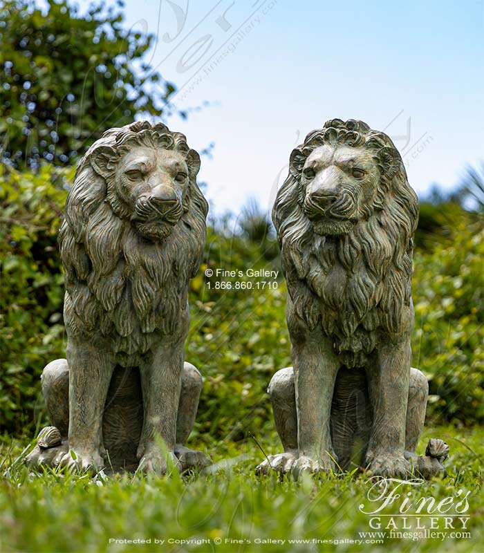 Antique Patina Seated Bronze Lion Pair