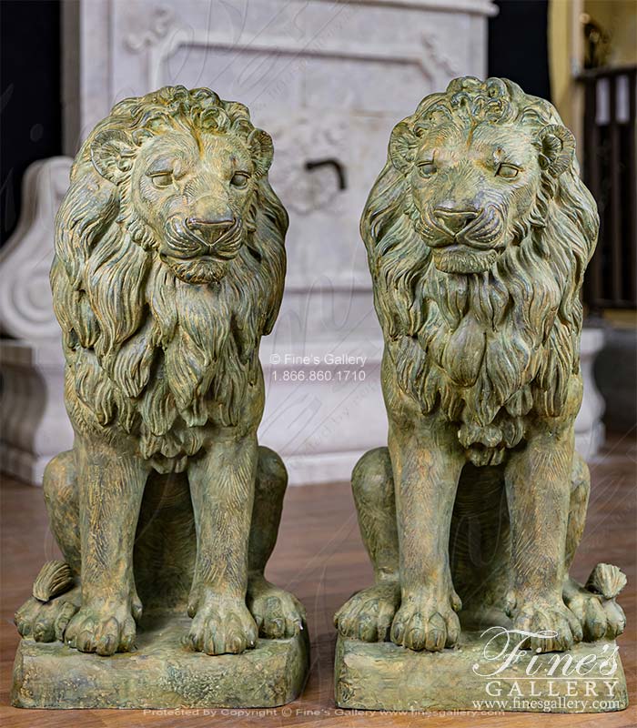 Antique Patina Seated Bronze Lion Pair