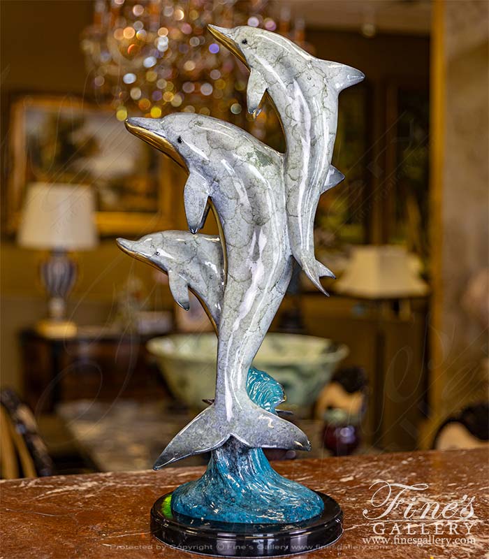 Aqua Marine Blue Three Bronze Dolphins Desktop Statue