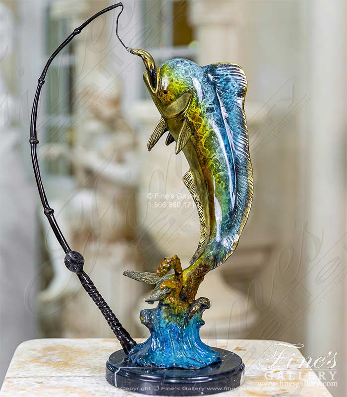 Mahi Mahi on Fishing Line Statue In Enameled Bronze