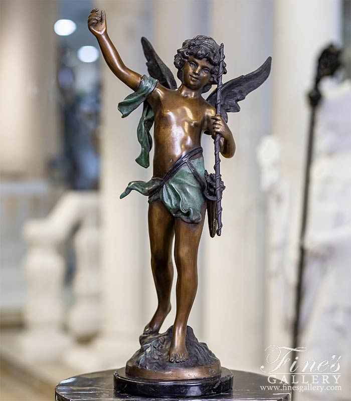 Playful Young Cherub Boy w/Staff Bronze Statue